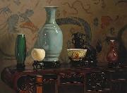Hubert Vos Asian Still Life with Blue Vase, oil painting by Hubert Vos Sweden oil painting artist